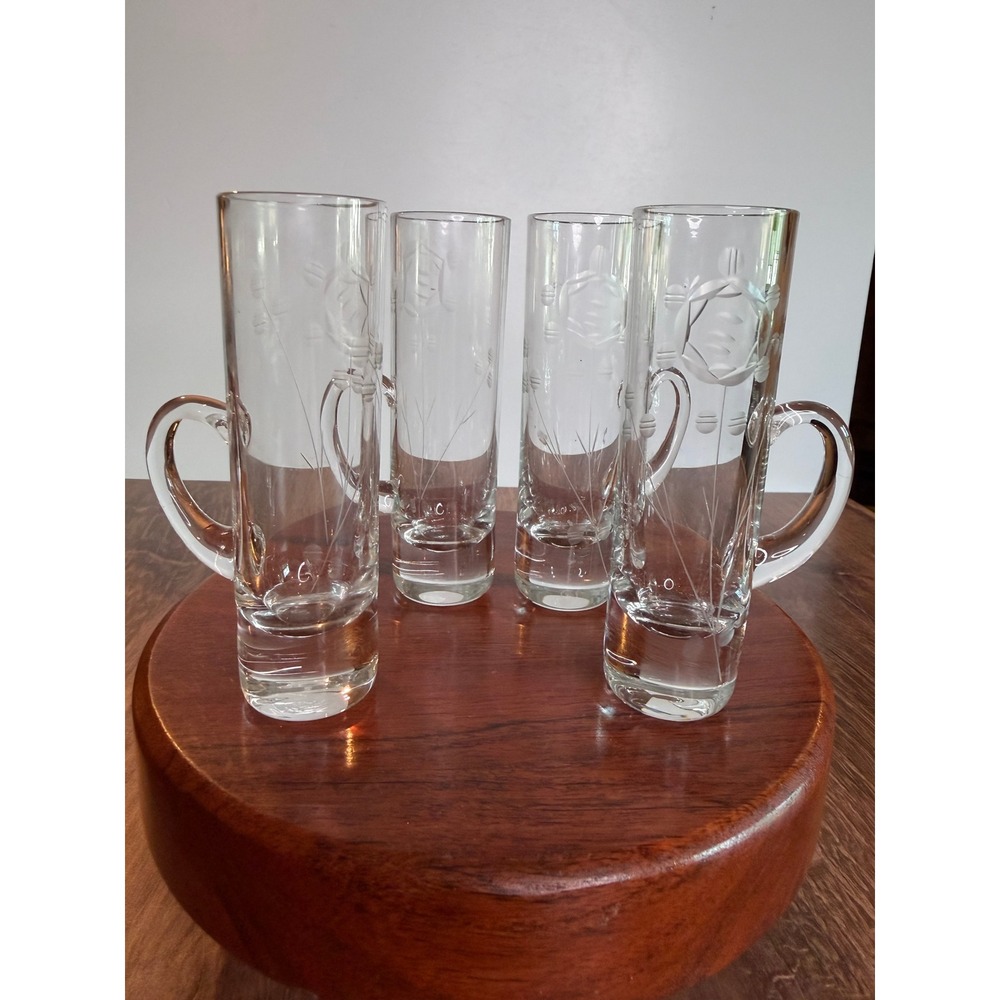 Vintage Etched Floral Cordial Glasses Set of 4 Tall Handled Liqueur Glasses